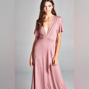 Mauve Rayon Jersey Flutter Sleeve Wrap Maxi High Low Coquette Dress